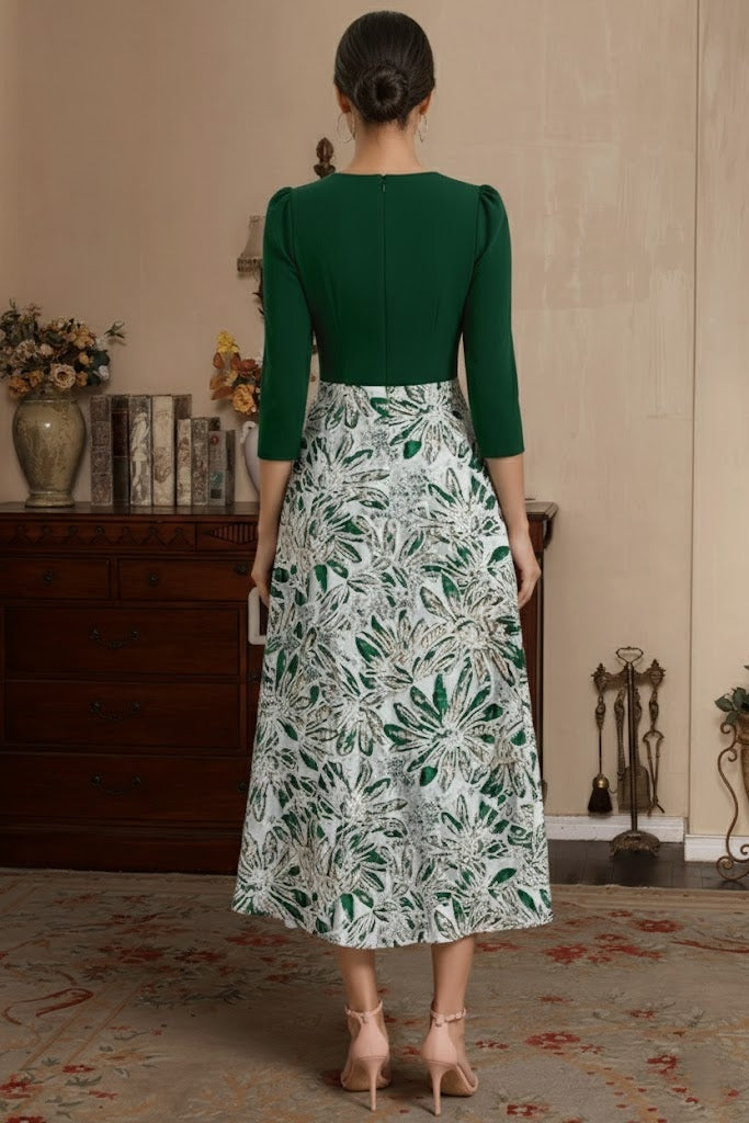 A-Line/Princess V-Neck Satin Mother of the Bride Dresses 3/4 Sleeves Tea-Length Floral with Bow Pleats