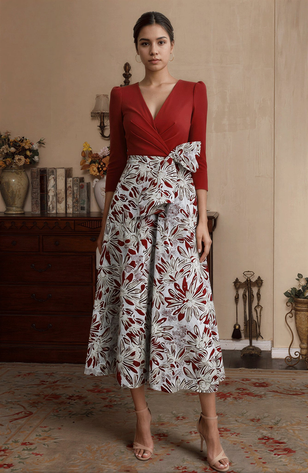 A-Line/Princess V-Neck Satin Mother of the Bride Dresses 3/4 Sleeves Tea-Length Floral with Bow Pleats