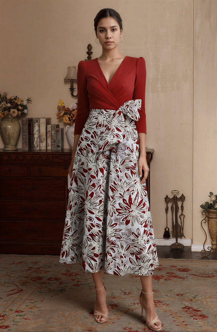 A-Line/Princess V-Neck Satin Mother of the Bride Dresses 3/4 Sleeves Tea-Length Floral with Bow Pleats