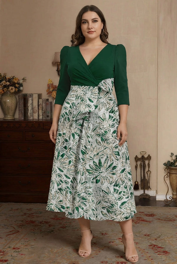 A-Line/Princess V-Neck Satin Plus Size Mother of the Bride Dresses 3/4 Sleeves Tea-Length Floral with Bow Pleats