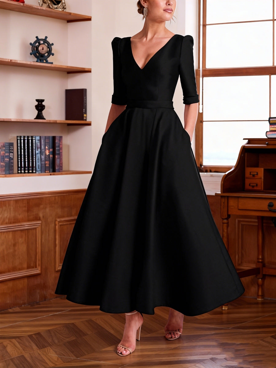 A-Line/Princess V-Neck Satin Mother of the Bride Dresses Half Sleeves Ankle-Length Formal Dresses