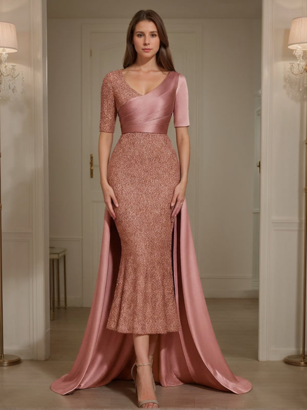 Sheath/Column V-Neck Sequins Mother of the Bride Dresses Satin Half Sleeves Tea-Length Sweep/Brush Train