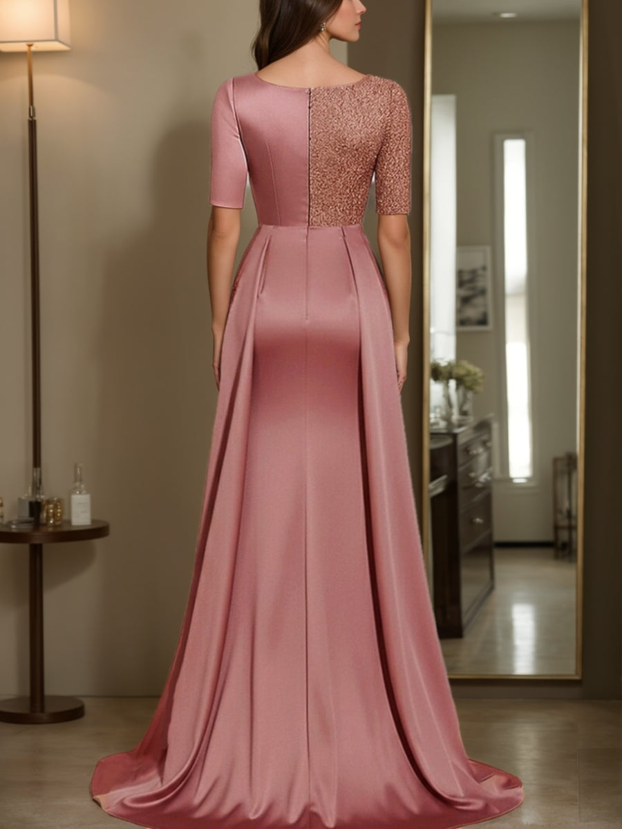 Sheath/Column V-Neck Sequins Mother of the Bride Dresses Satin Half Sleeves Tea-Length Sweep/Brush Train