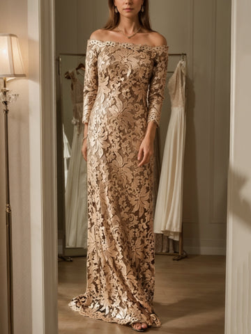 Sheath/Column Off-the-Shoulder Lace Mother of the Bride Dresses 3