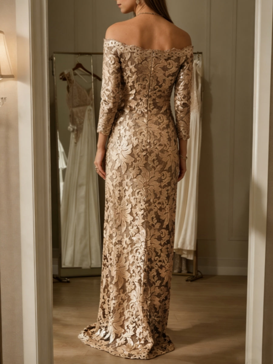 Sheath/Column Off-the-Shoulder Lace Mother of the Bride Dresses 3/4 Sleeves Floor-Length