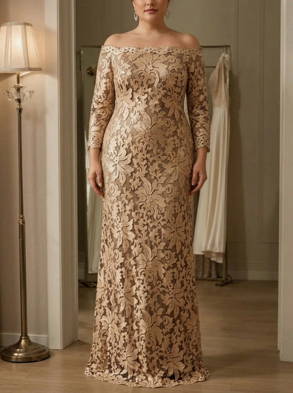 Sheath/Column Off-the-Shoulder Lace Plus Size Mother of the Bride Dresses 3/4 Sleeves Floor-Length