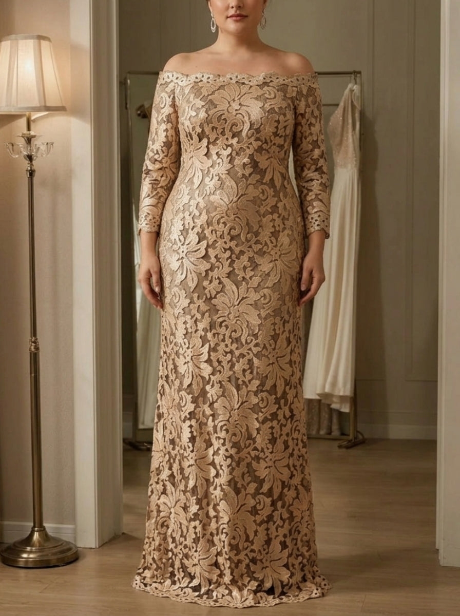 gold mother of the bride dresses plus size Sheath/Column Off-the-Shoulder Lace Plus Size Mother of the Bride Dresses 3/4 Sleeves Floor-Length, Champagne