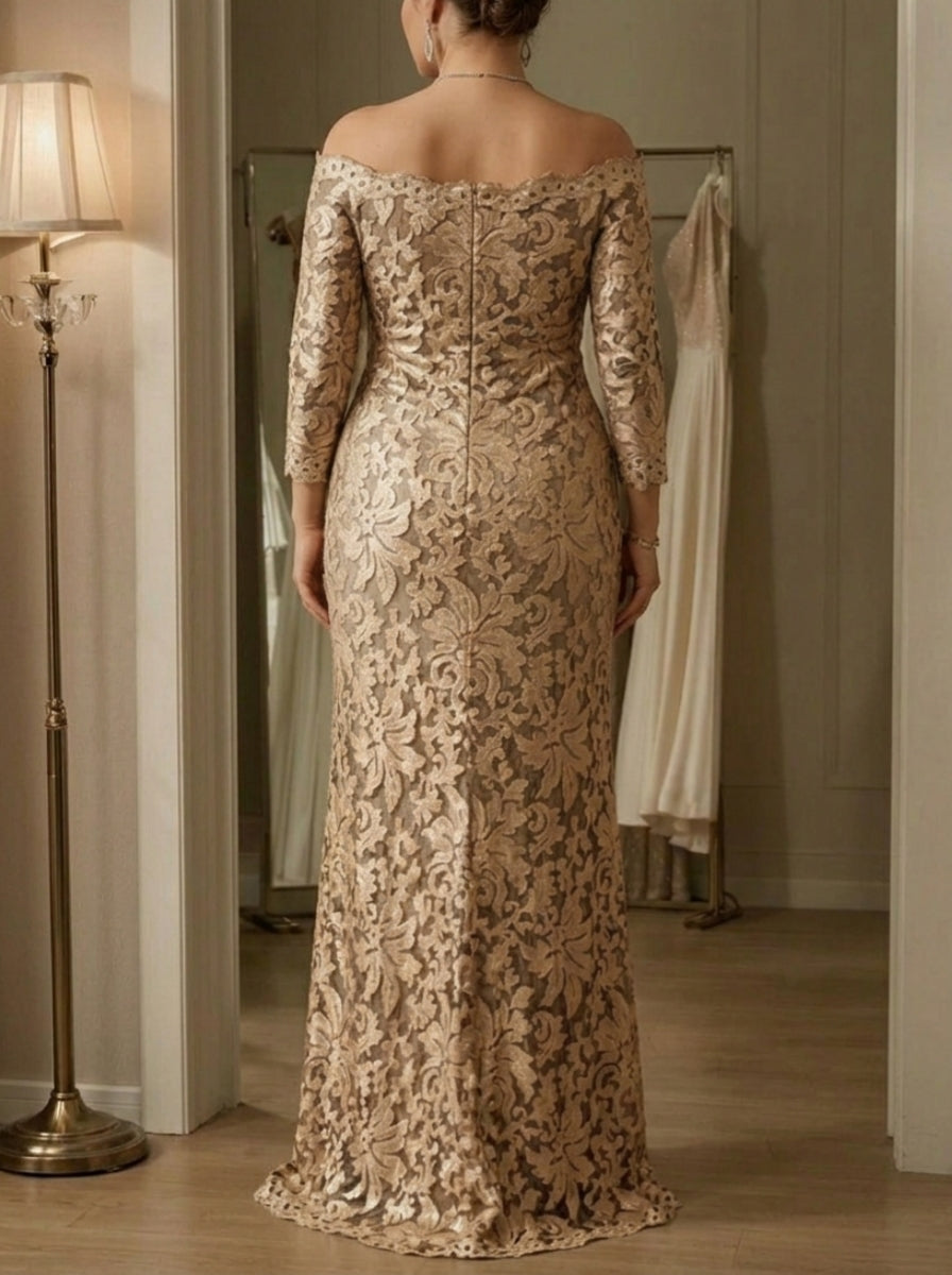 Sheath/Column Off-the-Shoulder Lace Plus Size Mother of the Bride Dresses 3/4 Sleeves Floor-Length