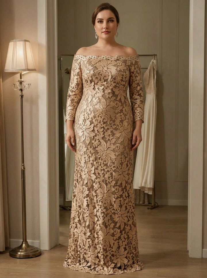 Sheath/Column Off-the-Shoulder Lace Plus Size Mother of the Bride Dresses 3/4 Sleeves Floor-Length