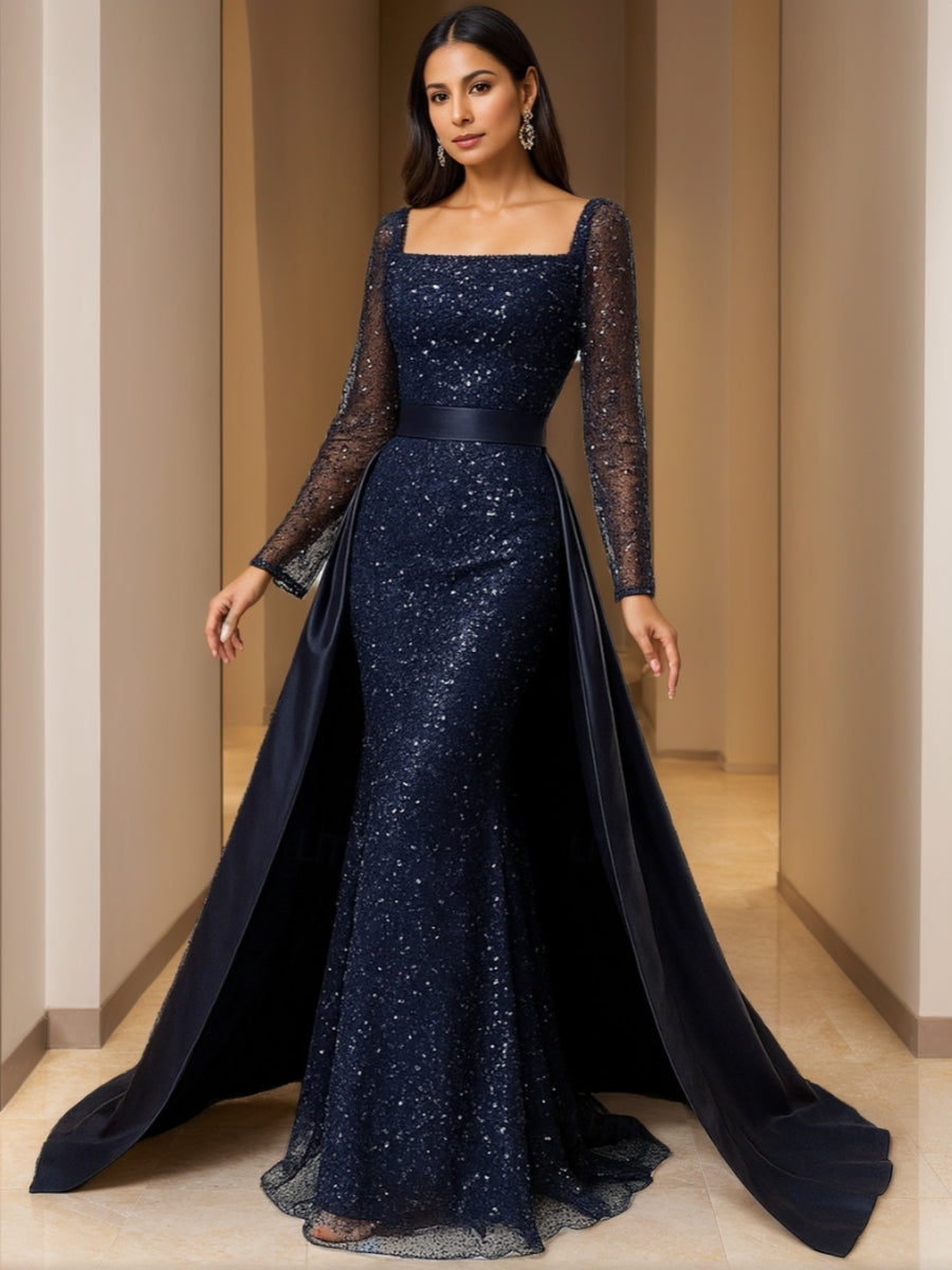 A-Line/Princess Square Collar Sequins Mother of the Bride Dresses Detachable Satin Long Sleeves Floor-Length