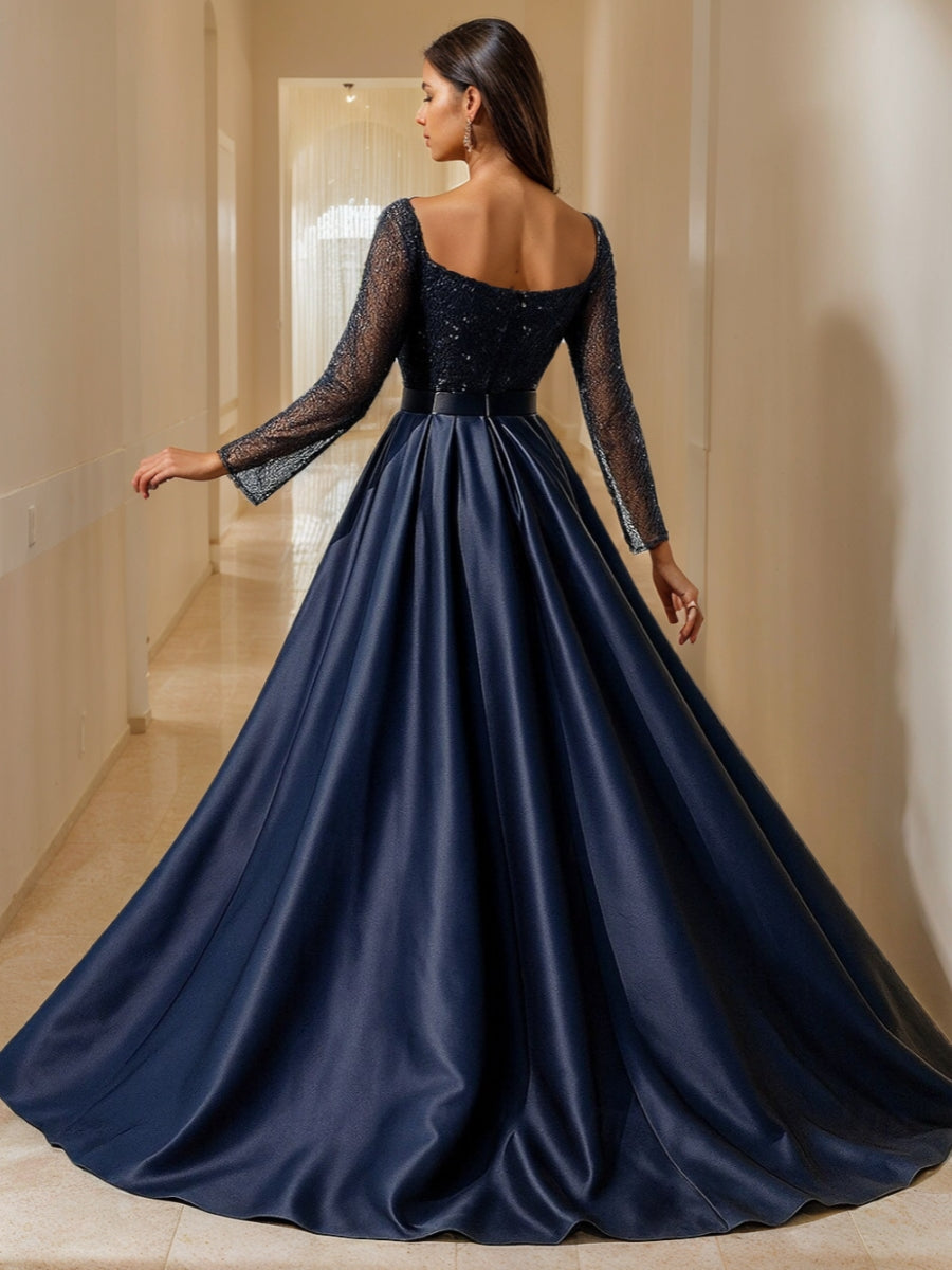 A-Line/Princess Square Collar Sequins Mother of the Bride Dresses Detachable Satin Long Sleeves Floor-Length