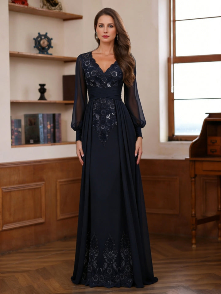 Sheath/Column V-Neck Chiffon Mother of the Bride Dresses With Overskirt Floor-Length Long Sleeves Lace Sequins
