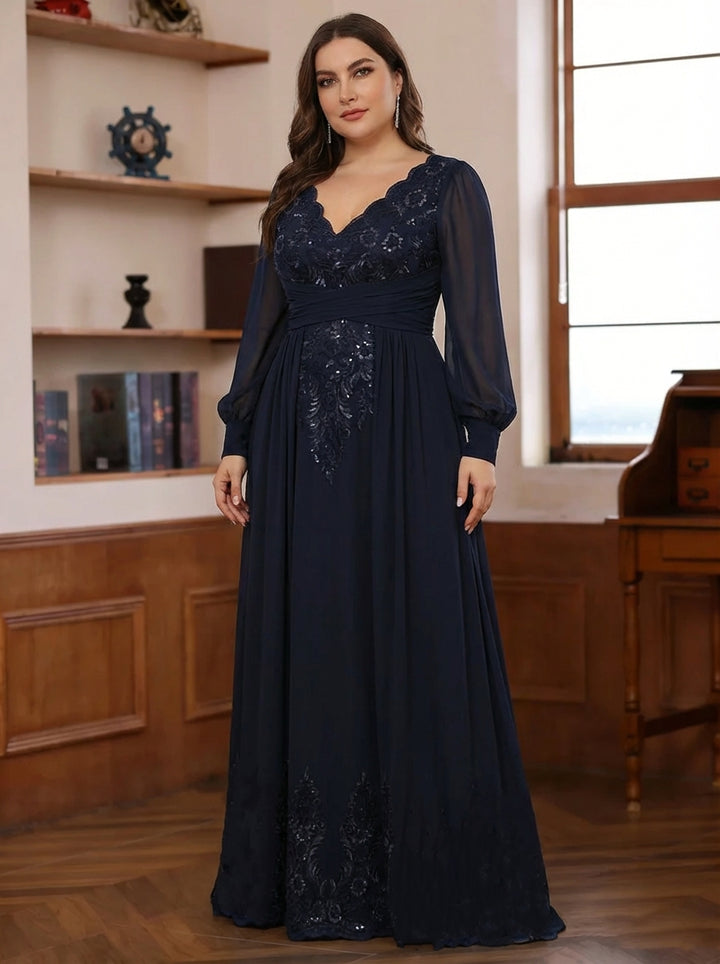 Sheath/Column V-Neck Chiffon Plus Size Mother of the Bride Dresses With Overskirt Floor-Length Long Sleeves Lace Sequins