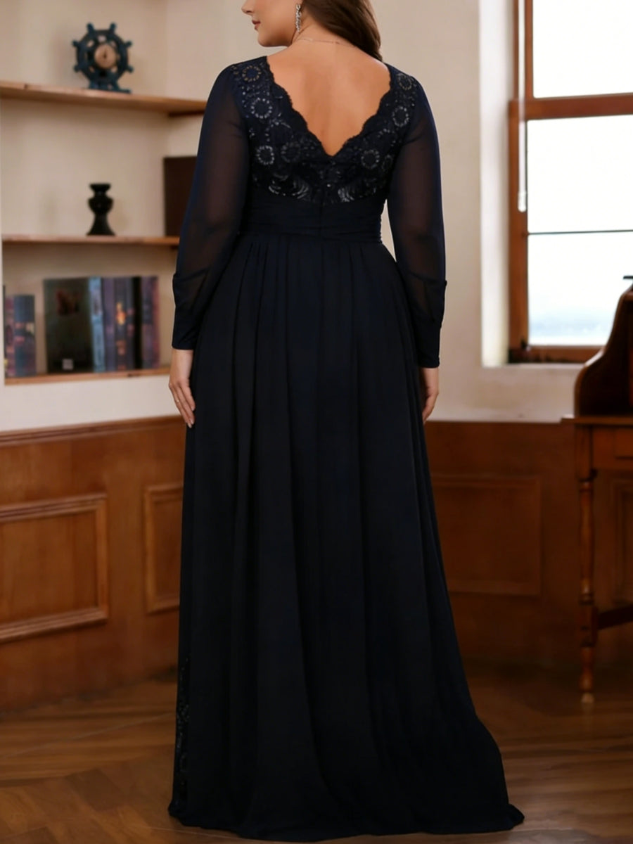 Sheath/Column V-Neck Chiffon Plus Size Mother of the Bride Dresses With Overskirt Floor-Length Long Sleeves Lace Sequins