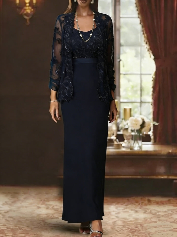 Sheath/Column Scoop Chiffon Mother of the Bride Dresses with Jacket Lace Ankle-Length Long Sleeves