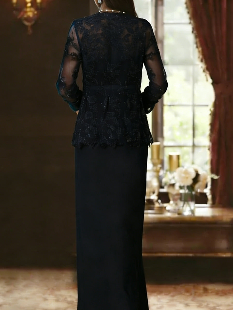 Sheath/Column Scoop Chiffon Mother of the Bride Dresses with Jacket Lace Ankle-Length Long Sleeves