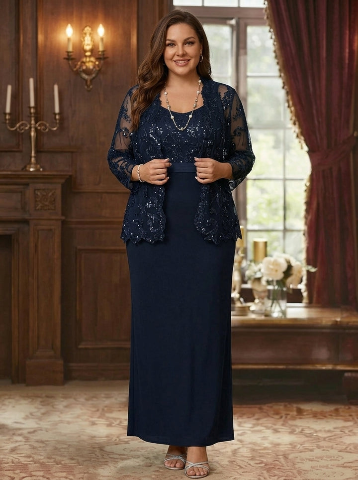 Sheath/Column Scoop Chiffon Plus Size Mother of the Bride Dresses with Jacket Lace Ankle-Length Long Sleeves