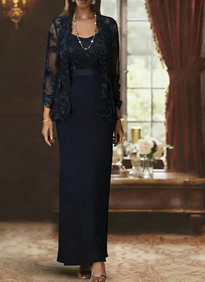 Sheath/Column Scoop Chiffon Mother of the Bride Dresses with Jacket Lace Ankle-Length Long Sleeves