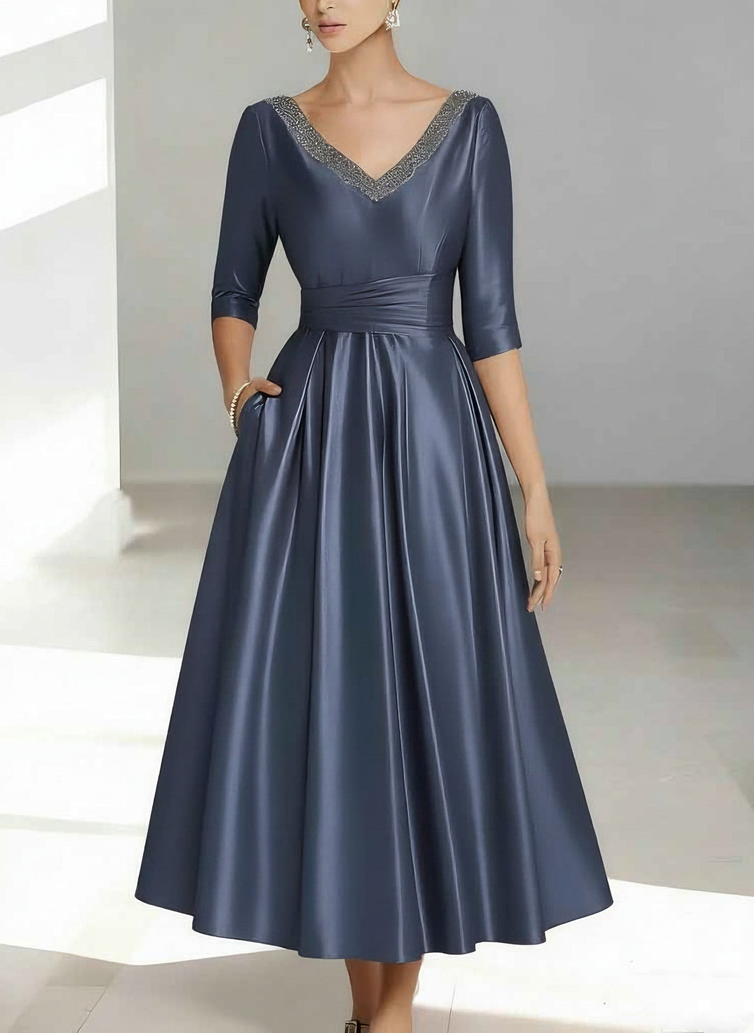 A-Line/Princess V-Neck Satin Mother of the Bride Dresses 3/4 Sleeves Ankle-Length Beading
