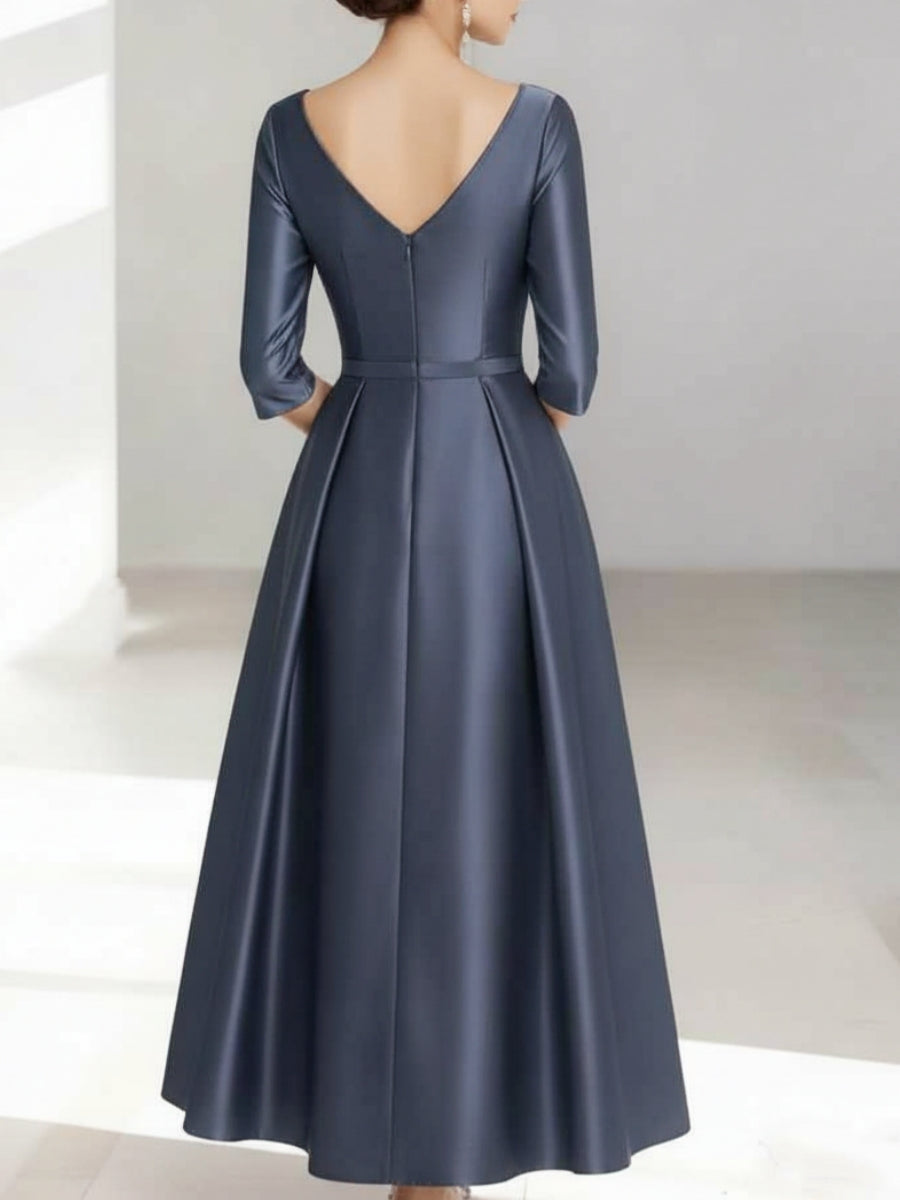A-Line/Princess V-Neck Satin Mother of the Bride Dresses 3/4 Sleeves Ankle-Length Beading