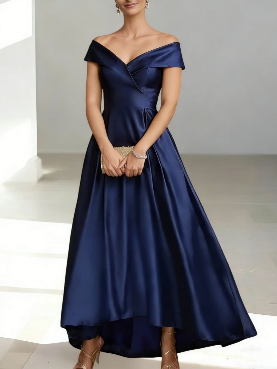 A-Line/Princess Off-the-Shoulder Satin Mother of the Bride Dresses Short Sleeves Ankle-Length Asymmetric Ruffles