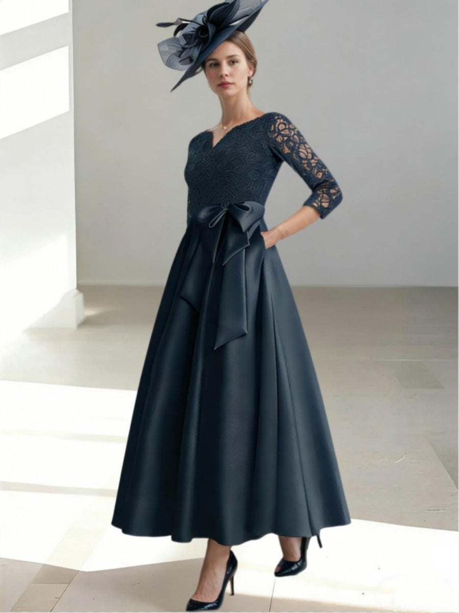 A-Line/Princess V-Neck Satin Mother of the Bride Dresses Lace 3/4 Sleeves Ankle-Length Bow