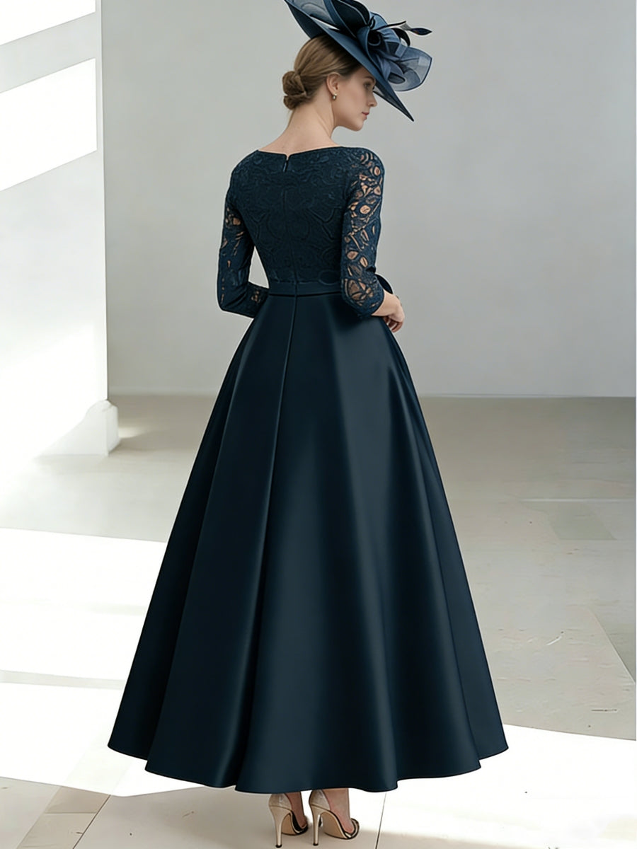 A-Line/Princess V-Neck Satin Mother of the Bride Dresses Lace 3/4 Sleeves Ankle-Length Bow