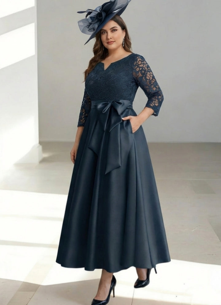 A-Line/Princess V-Neck Satin Plus Size Mother of the Bride Dresses Lace 3/4 Sleeves Ankle-Length Bow