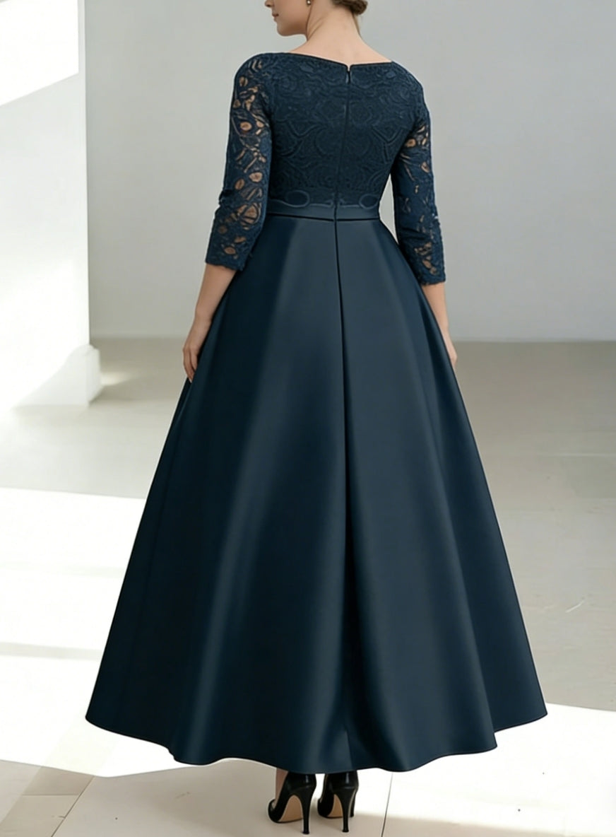 A-Line/Princess V-Neck Satin Plus Size Mother of the Bride Dresses Lace 3/4 Sleeves Ankle-Length Bow