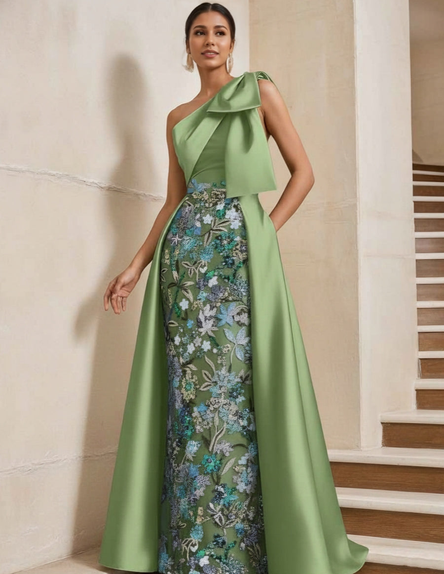 Sheath/Column One-Shoulder Satin Mother of the Bride Dresses with Overskirt Sleeveless Floor-Length Bow