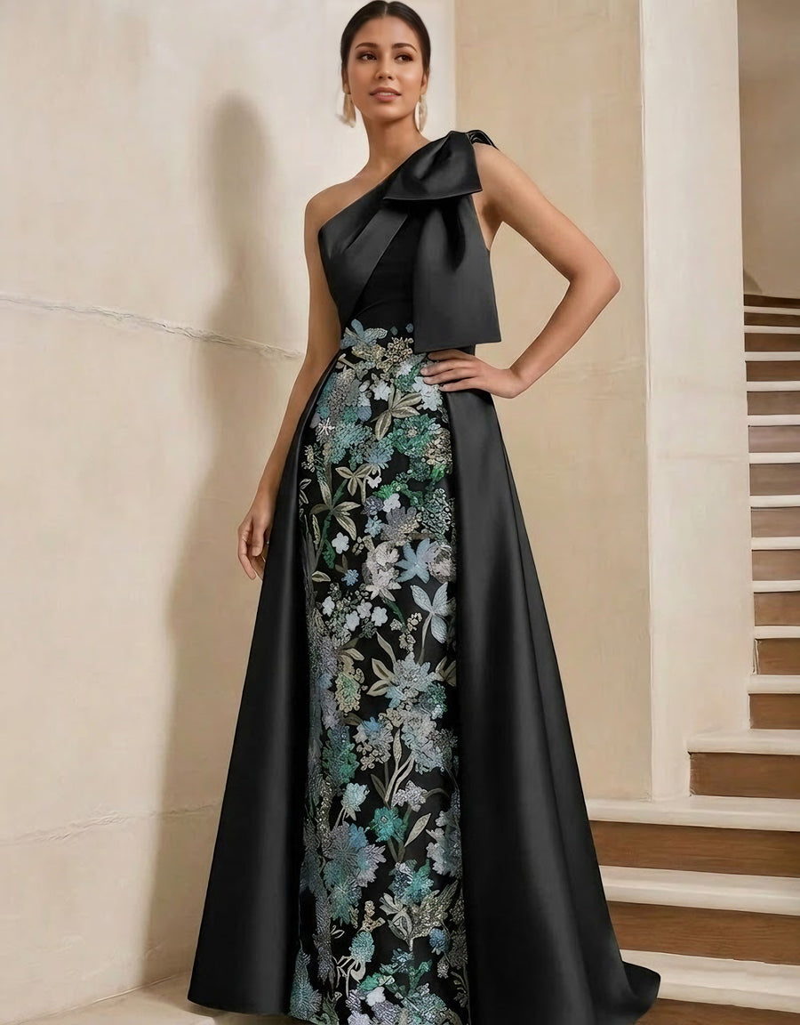 Sheath/Column One-Shoulder Satin Mother of the Bride Dresses with Overskirt Sleeveless Floral Floor-Length Bow