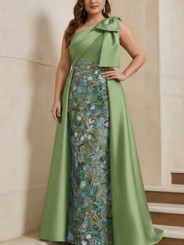 Sheath/Column One-Shoulder Satin Plus Size Mother of the Bride Dresses with Overskirt Sleeveless Floral Floor-Length Bow