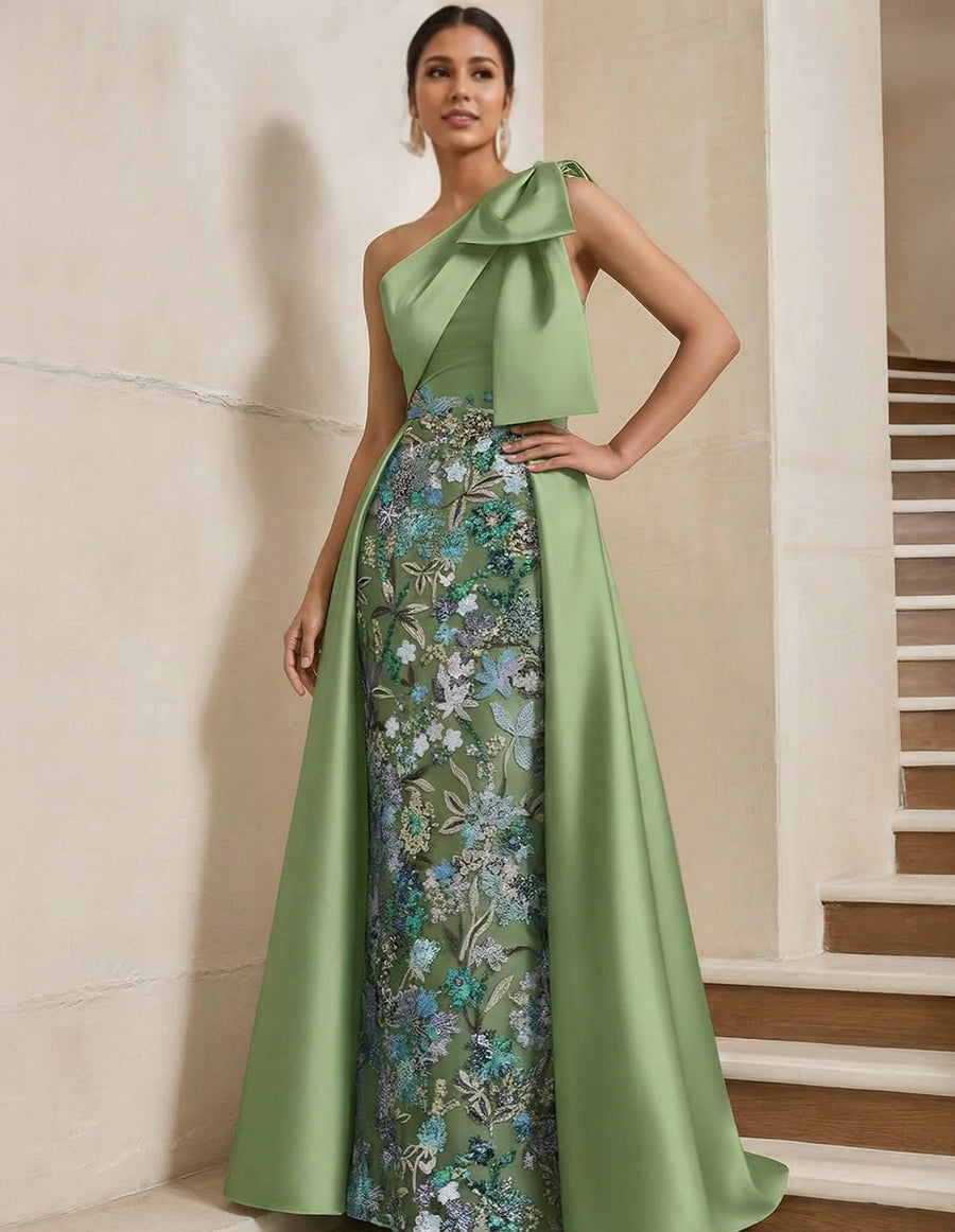 Sheath/Column One-Shoulder Satin Mother of the Bride Dresses with Overskirt Sleeveless Floor-Length Bow