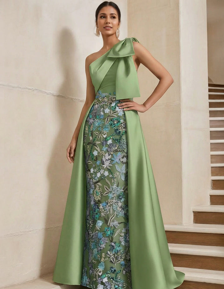 Sheath/Column One-Shoulder Satin Mother of the Bride Dresses with Overskirt Sleeveless Floor-Length Bow