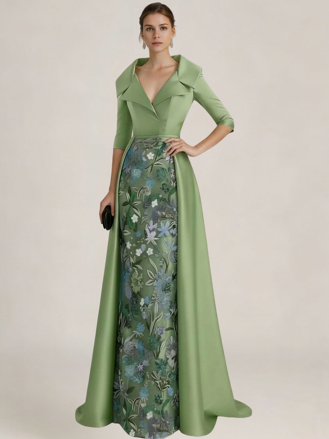 Sheath/Column Shirt Collar Satin Mother of the Bride Dresses with Overskirt Half Sleeves Floor-Length Sequins
