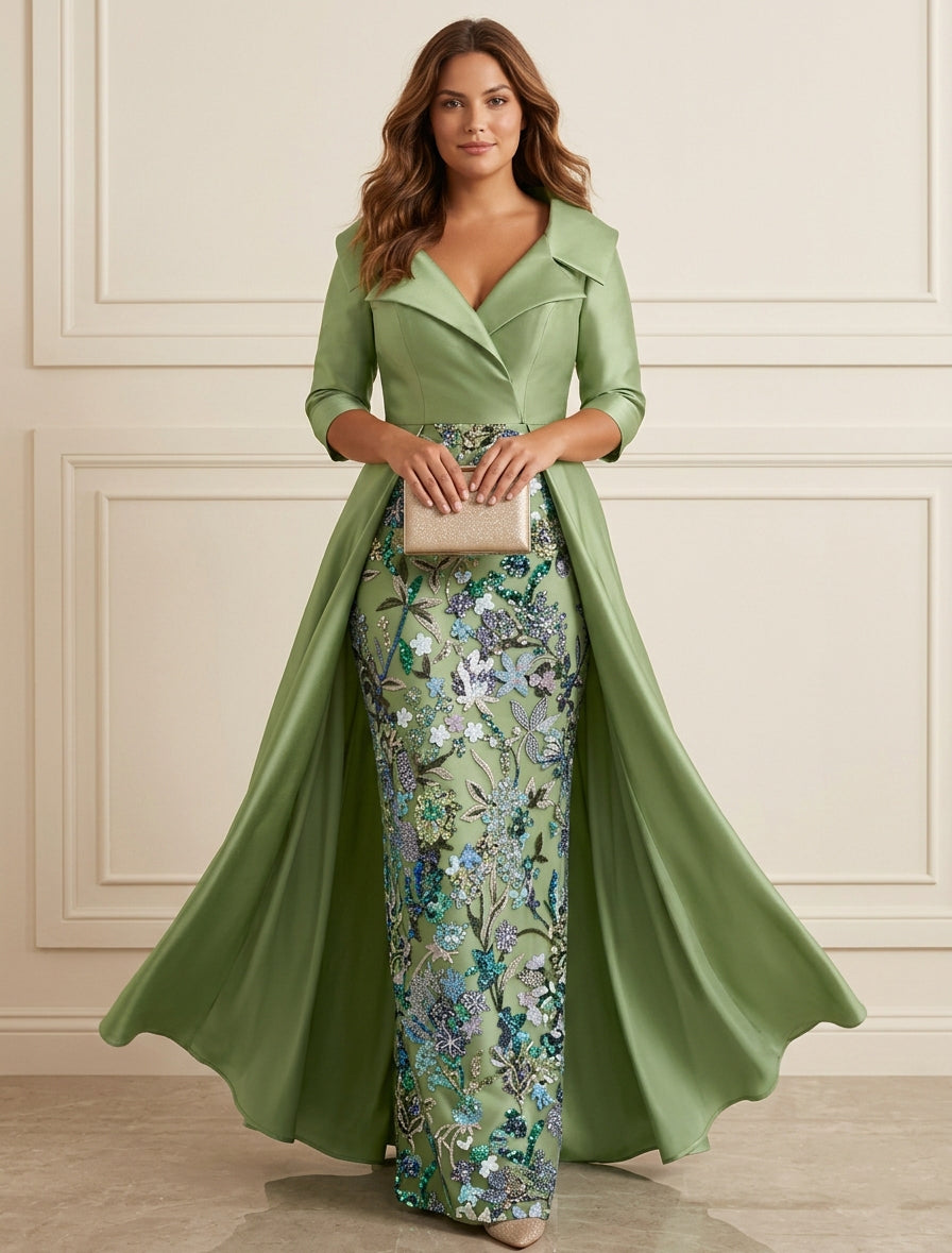 Sheath/Column Shirt Collar Satin Mother of the Bride Dresses with Overskirt Half Sleeves Floor-Length Sequins