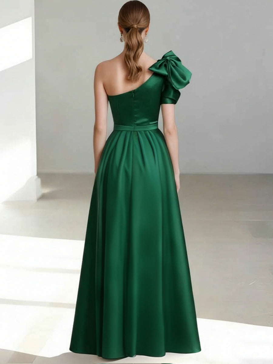 A-Line/Princess One-Shoulder Satin Mother of the Bride Dresses Sleeveless Tea-Length Bow