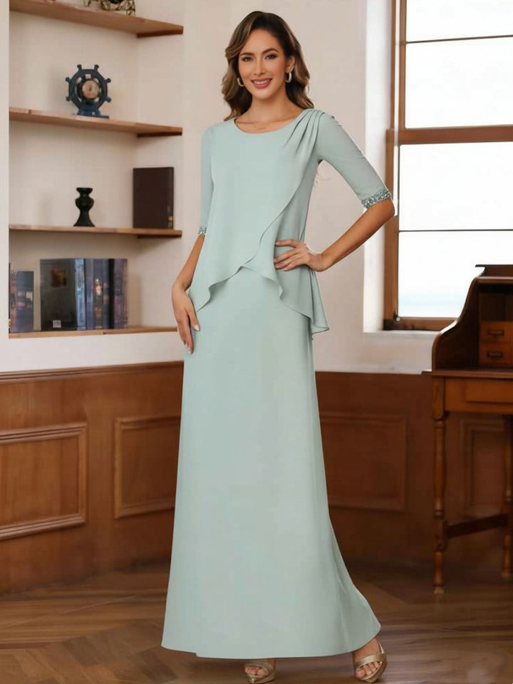 Sheath/Column Scoop Chiffon Mother of the Bride Dresses Ankle-Length Half Sleeves Sequins Ruched