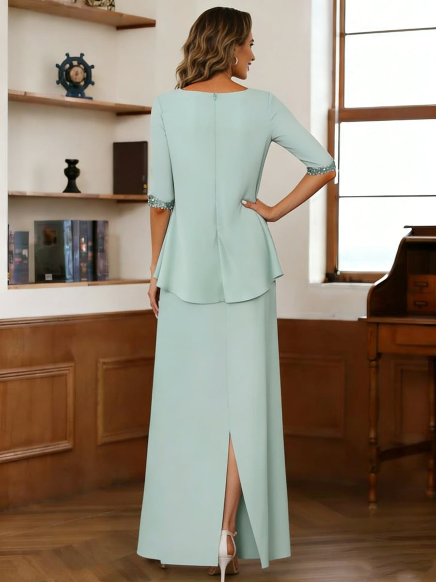 Sheath/Column Scoop Chiffon Mother of the Bride Dresses Ankle-Length Half Sleeves Sequins Ruched