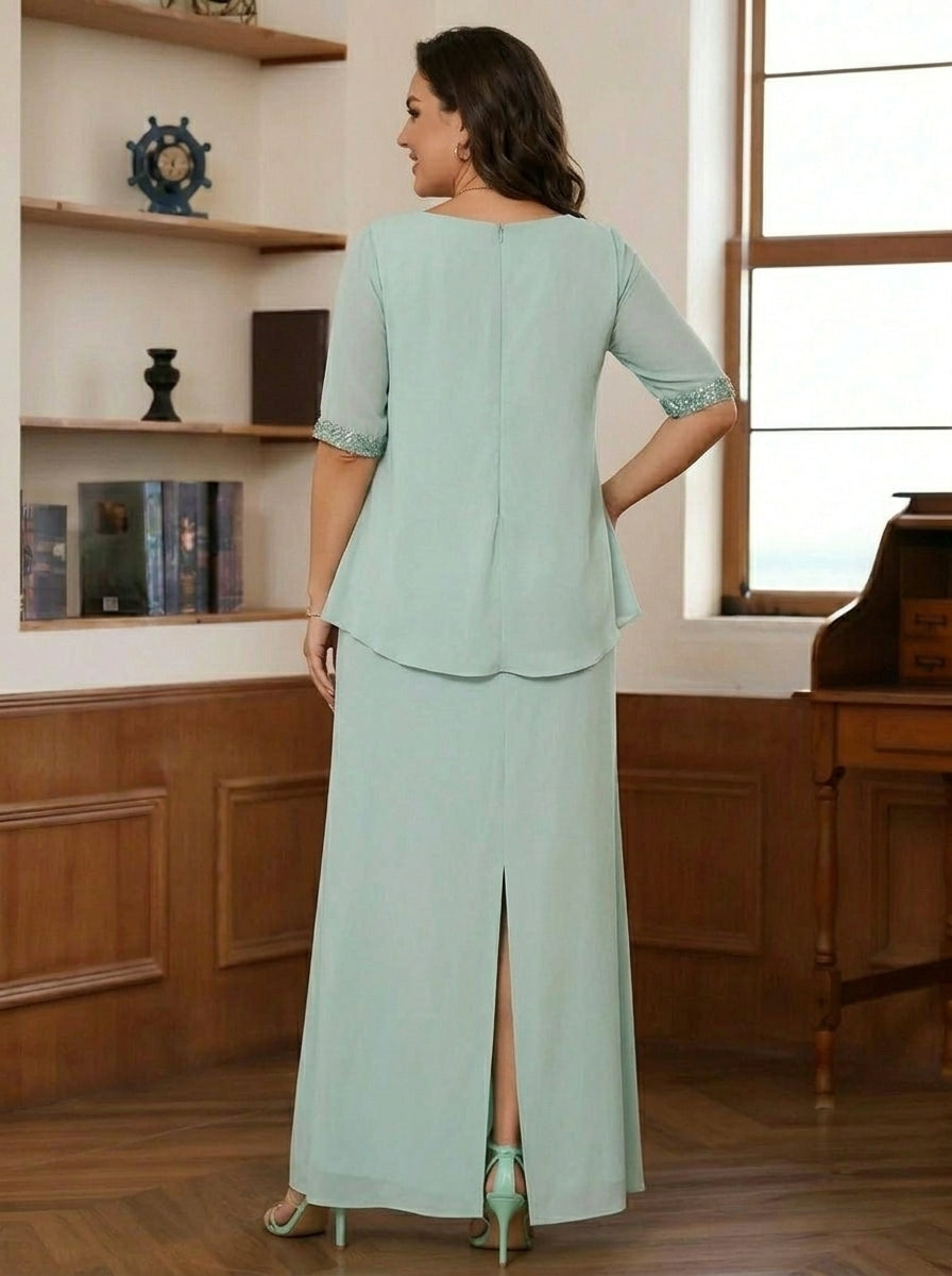 Sheath/Column Scoop Chiffon Plus Size Mother of the Bride Dresses Ankle-Length Half Sleeves Sequins Ruched