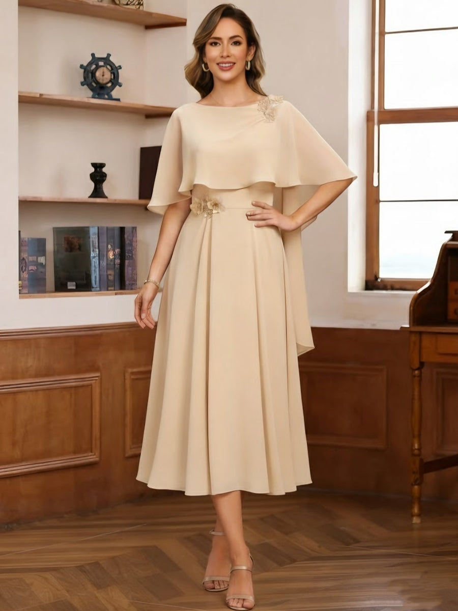 A-Line/Princess Cowl Neck Chiffon Mother of the Bride Dresses Tea-Length Pleated Cape Sleeves Beading