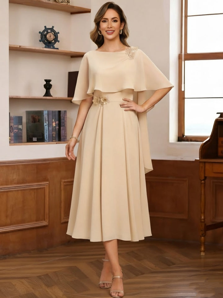 A-Line/Princess Cowl Neck Chiffon Mother of the Bride Dresses Tea-Length Pleated Cape Sleeves Beading