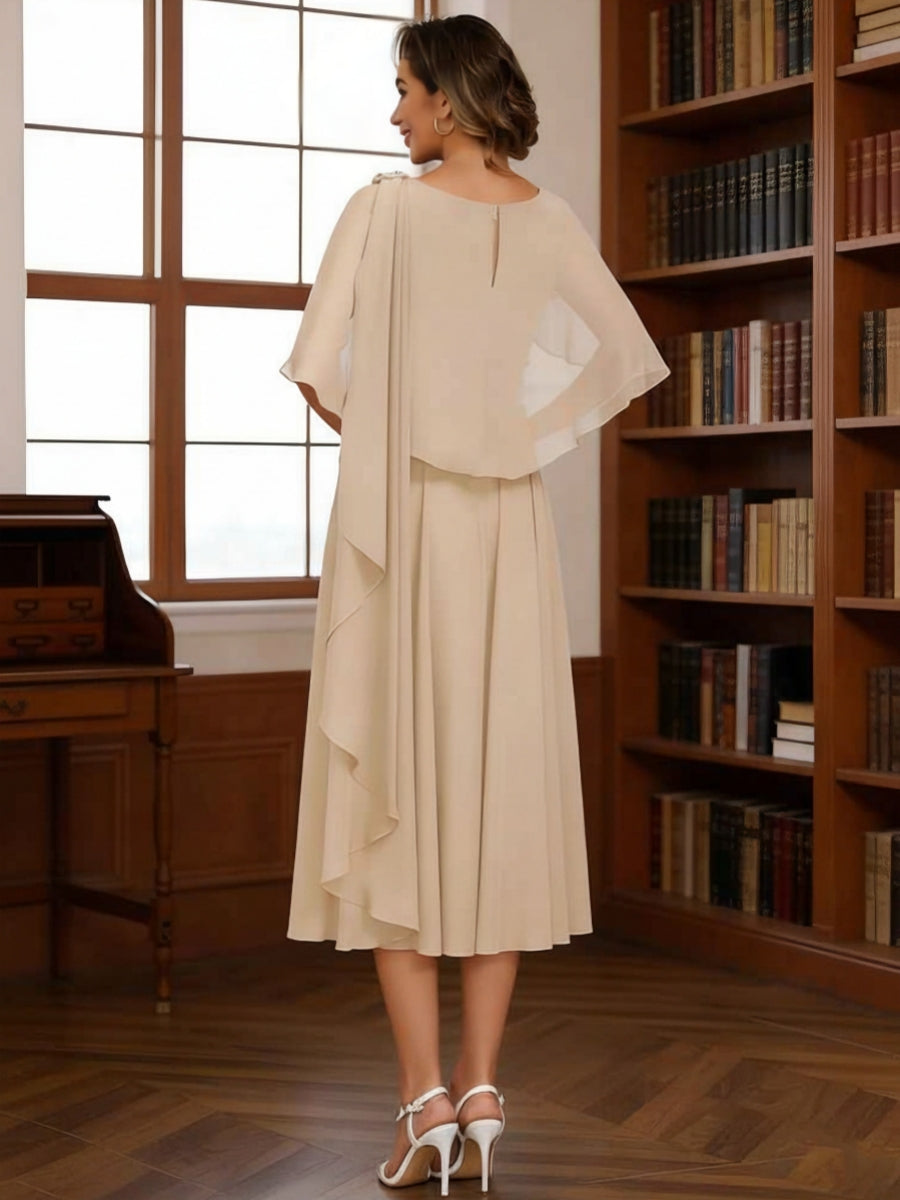 A-Line/Princess Cowl Neck Chiffon Mother of the Bride Dresses Tea-Length Pleated Cape Sleeves Beading
