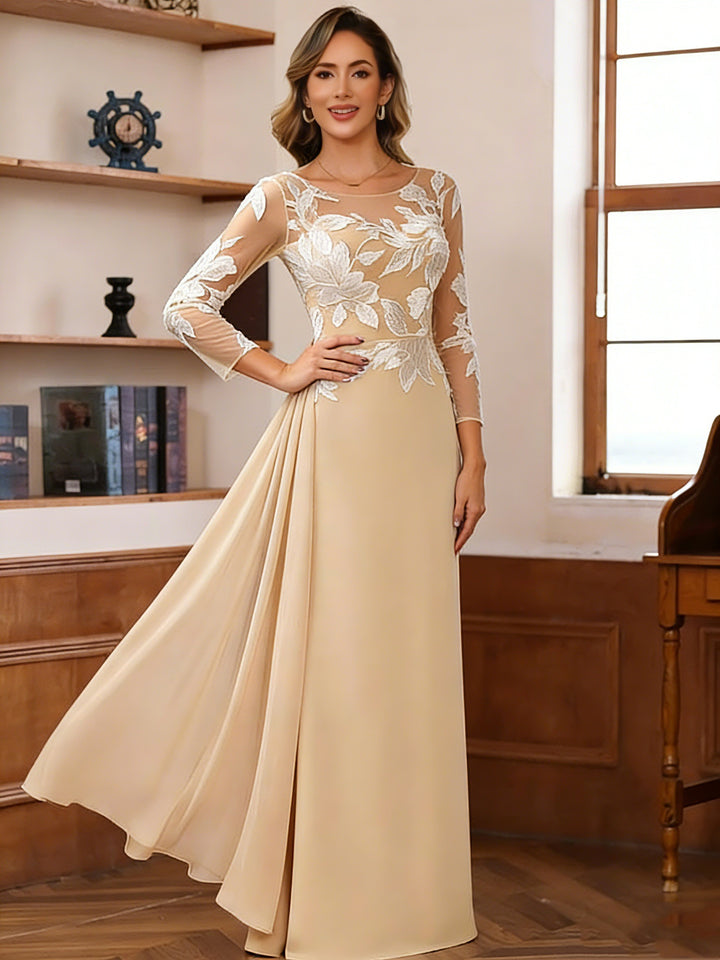 Sheath/Column Scoop Chiffon Mother of the Bride Dresses Ankle-Length 3/4 Sleeves Lace Flower with Overskirt