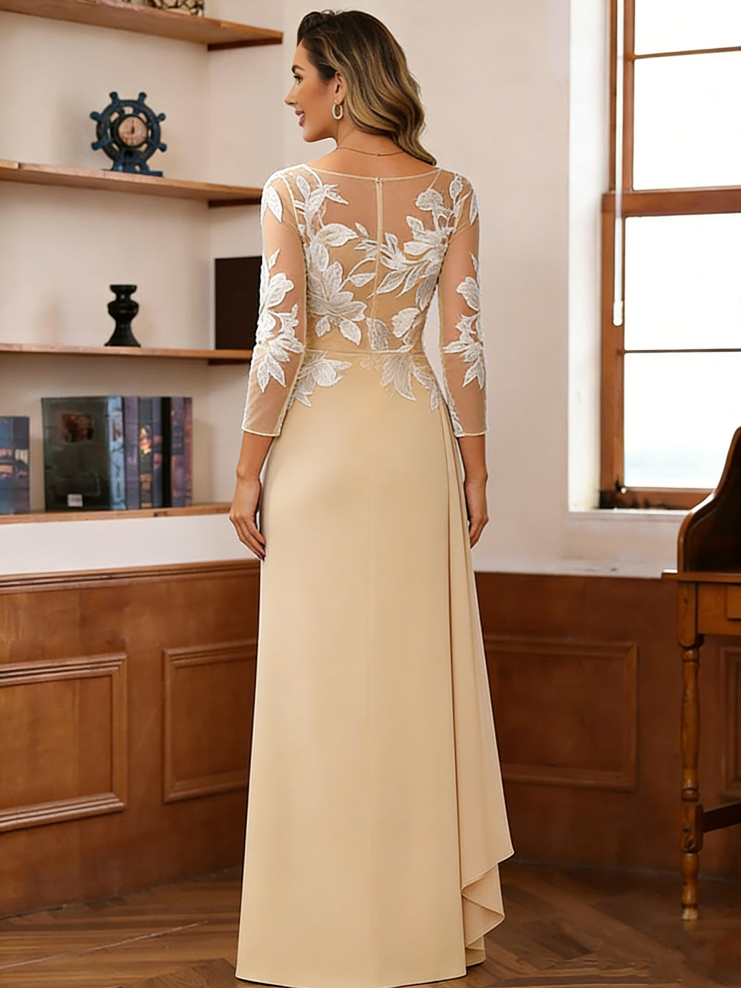 Sheath/Column Scoop Chiffon Mother of the Bride Dresses Ankle-Length 3/4 Sleeves Lace Flower with Overskirt