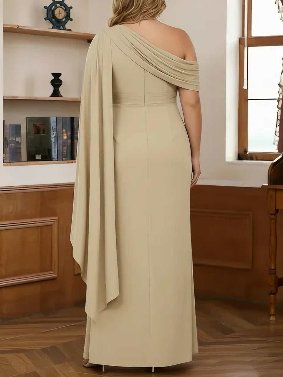 Sheath/Column One-Shoulder Chiffon Plus Size Mother of the Bride Dresses Floor-Length Sleeveless with Pleats Ruffles
