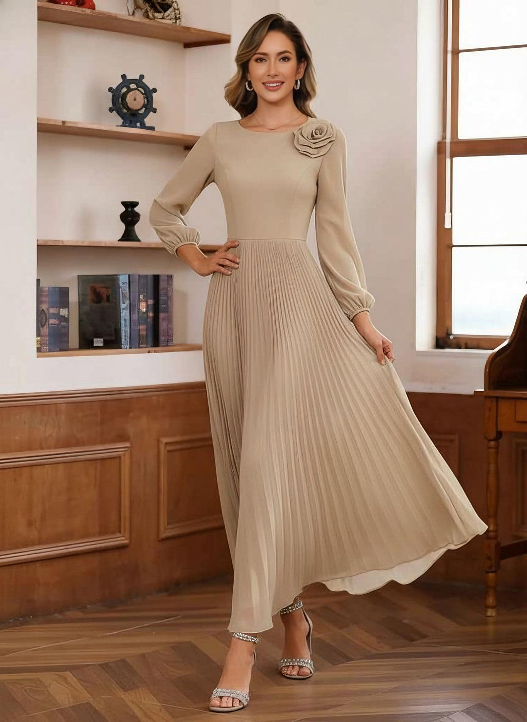 A-Line/Princess Scoop Chiffon Mother of the Bride Dresses Ankle-Length Pleated Long Sleeves Flower