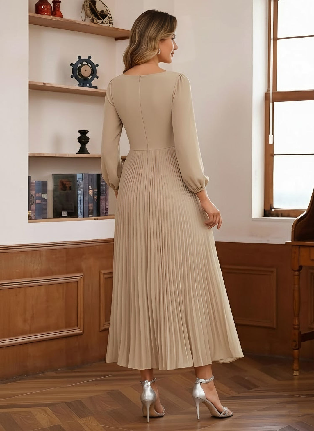 A-Line/Princess Scoop Chiffon Mother of the Bride Dresses Ankle-Length Pleated Long Sleeves Flower