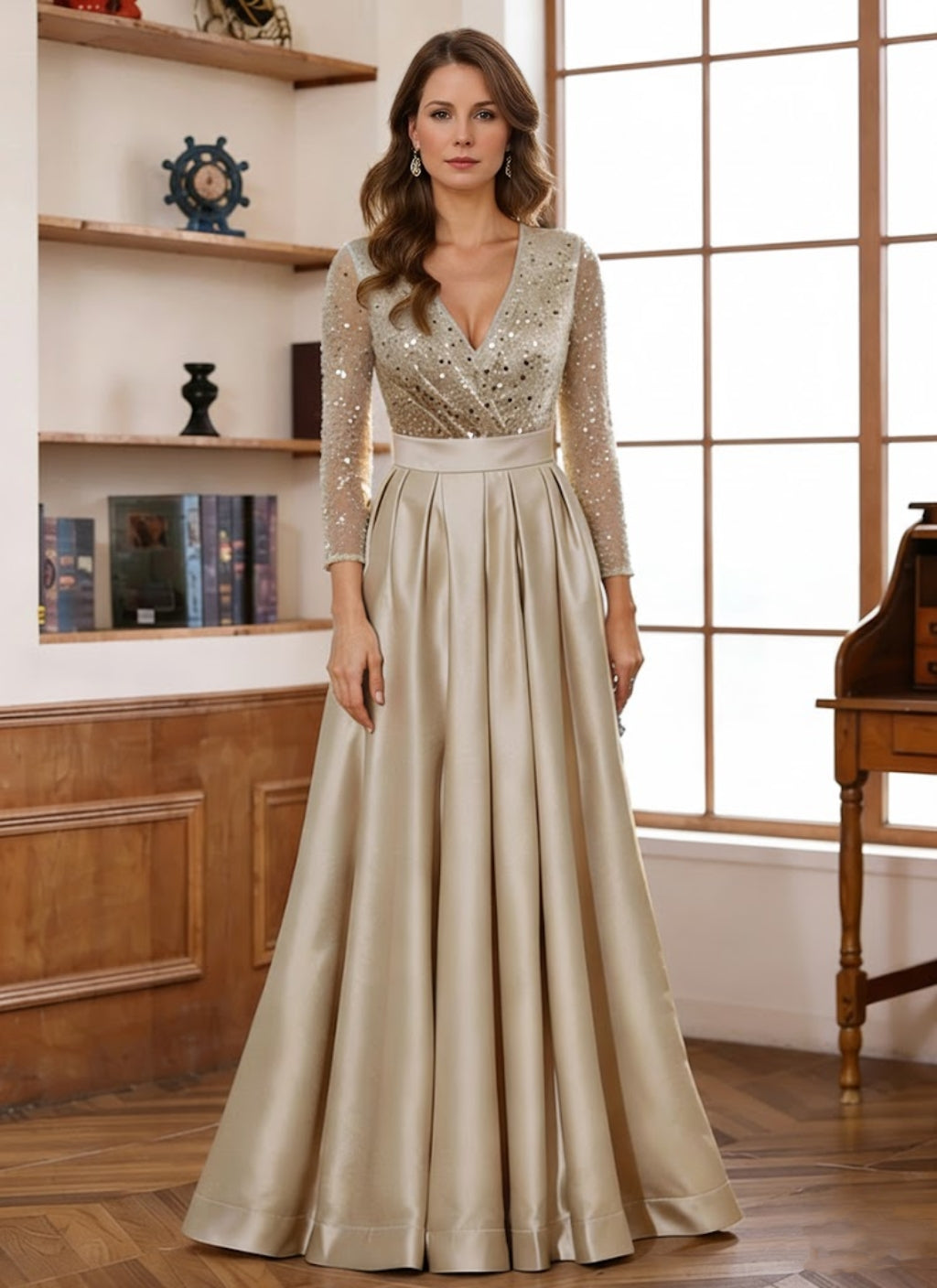 A-Line/Princess V-Neck Satin Mother of the Bride Dresses Long Sleeves Sequins Floor-Length Pleated