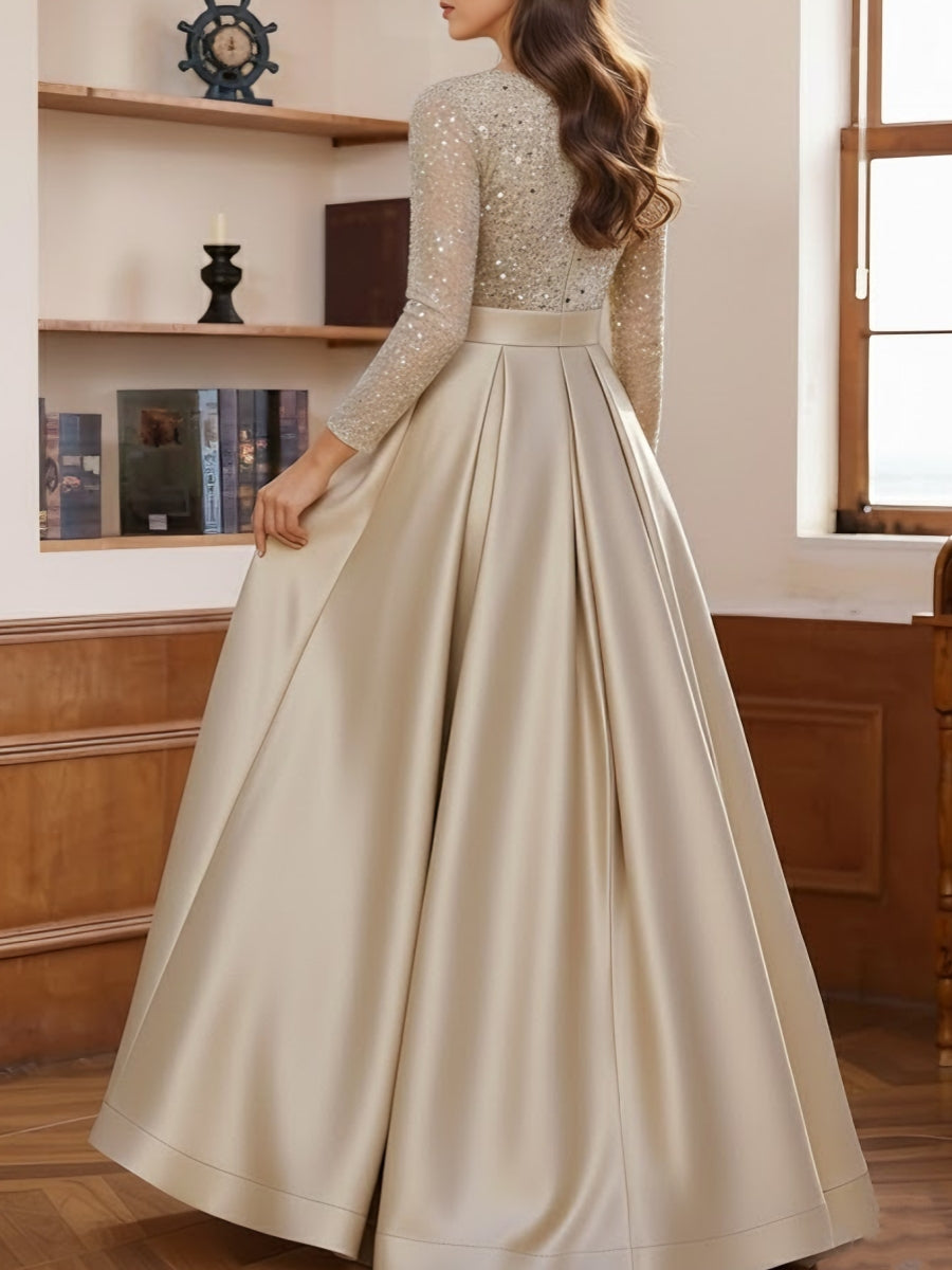A-Line/Princess V-Neck Satin Mother of the Bride Dresses Long Sleeves Sequins Floor-Length Pleated